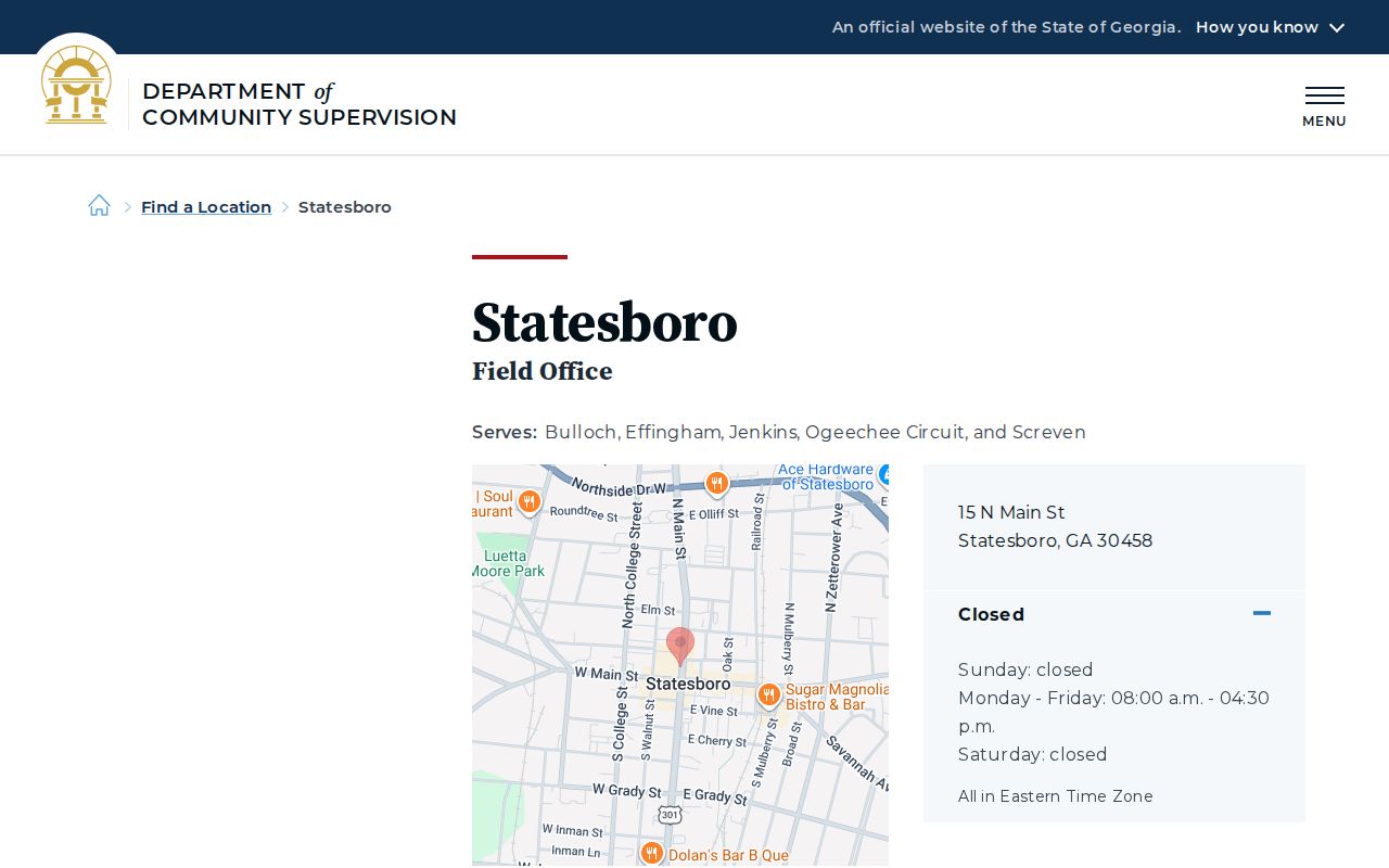 Effingham County parole and probation Statesboro DCS field office page
